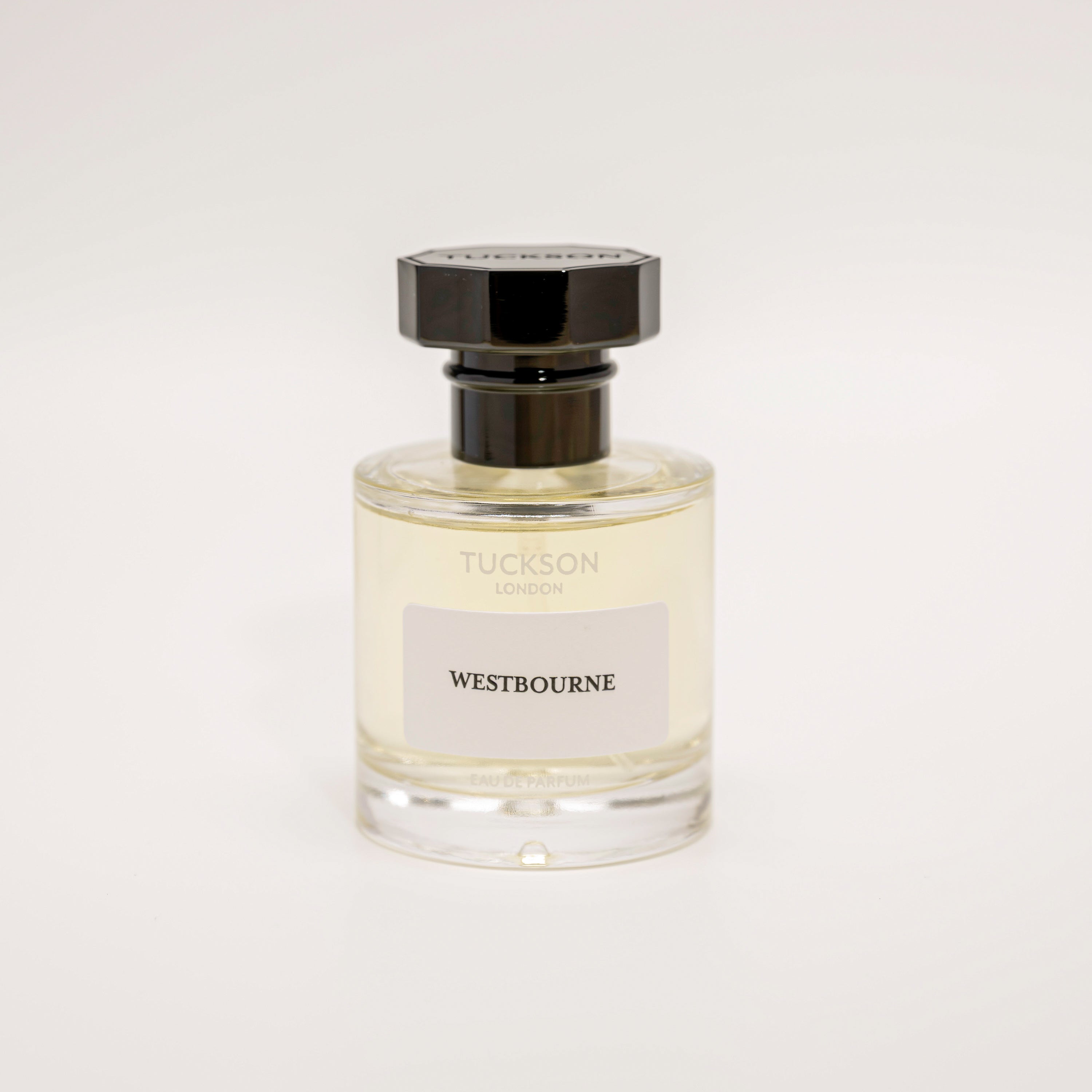 TUCKSON Westbourne Eau de parfum 50ml atomiser front, with black metal Tuckson overcap 