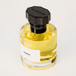 TUCKSON london UMBER Eau de Parfum 50 ml Atomiser with black metal overcap from the top angle